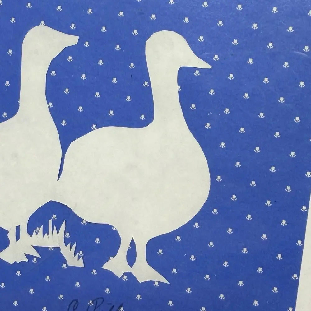 2 Small Vtg 80s Country Geese Framed Wall Art Blue White Silhouette Cottagecore